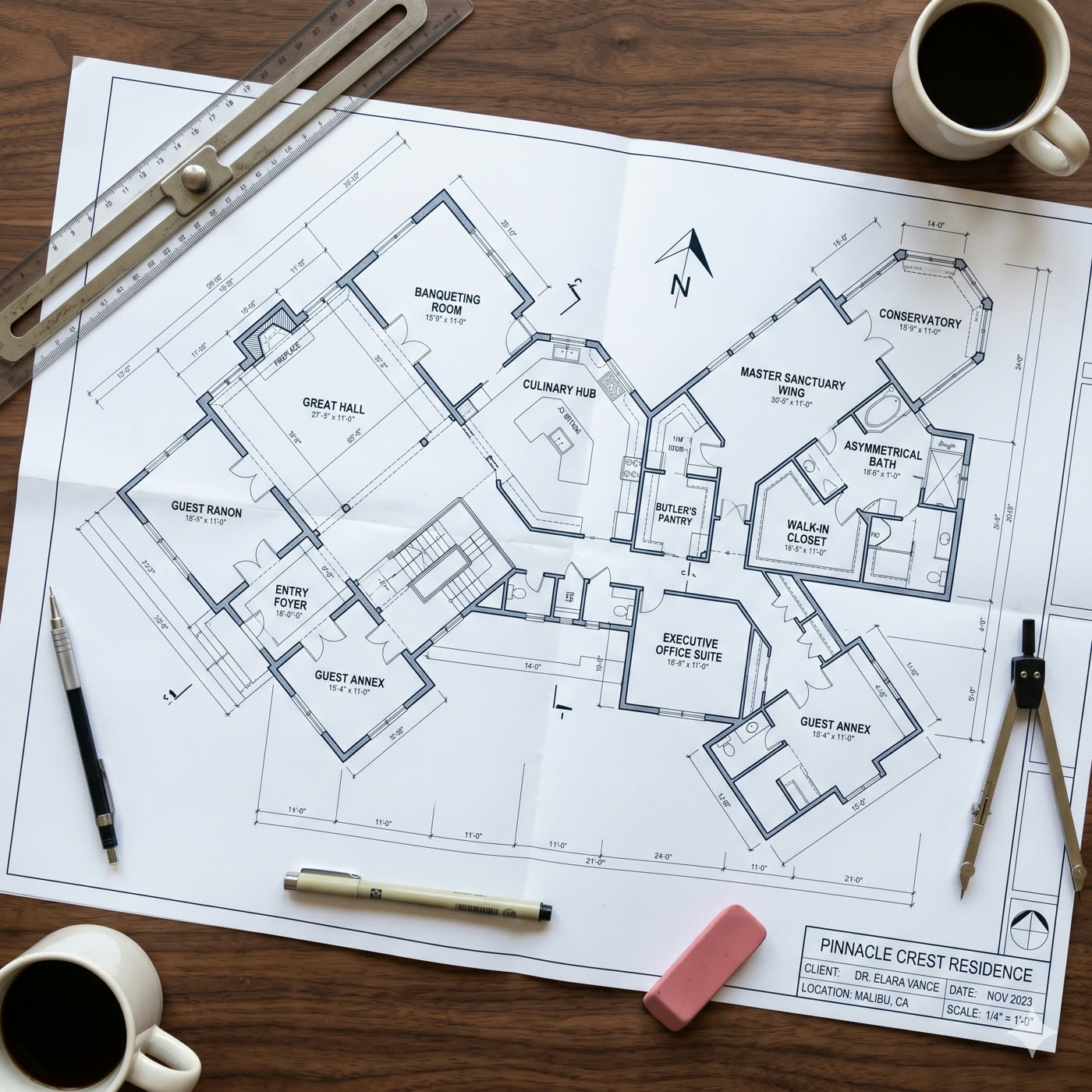 Custom home floor plan blueprint on a drafting desk — plan your next build with Prestige Build Co.